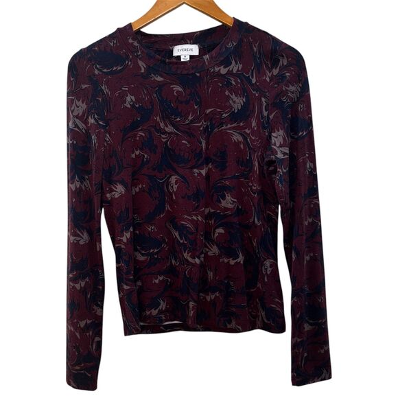 Evereve Marbled Print Long Sleeve Crew Top Maroon Size Medium - Picture 3 of 6